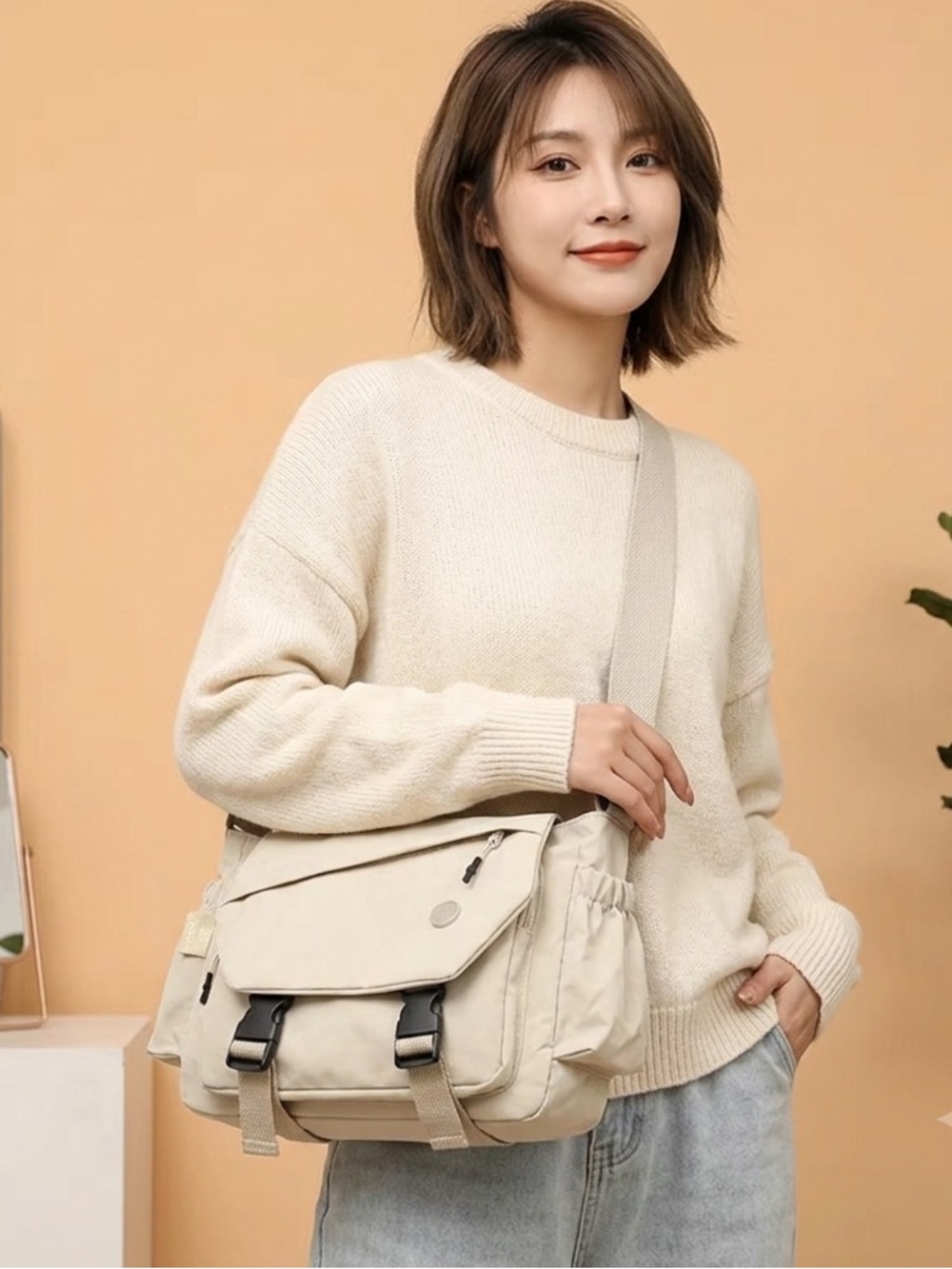 Neutral Cream Crossbody Messenger Bag - Casual Women’s Crossbody